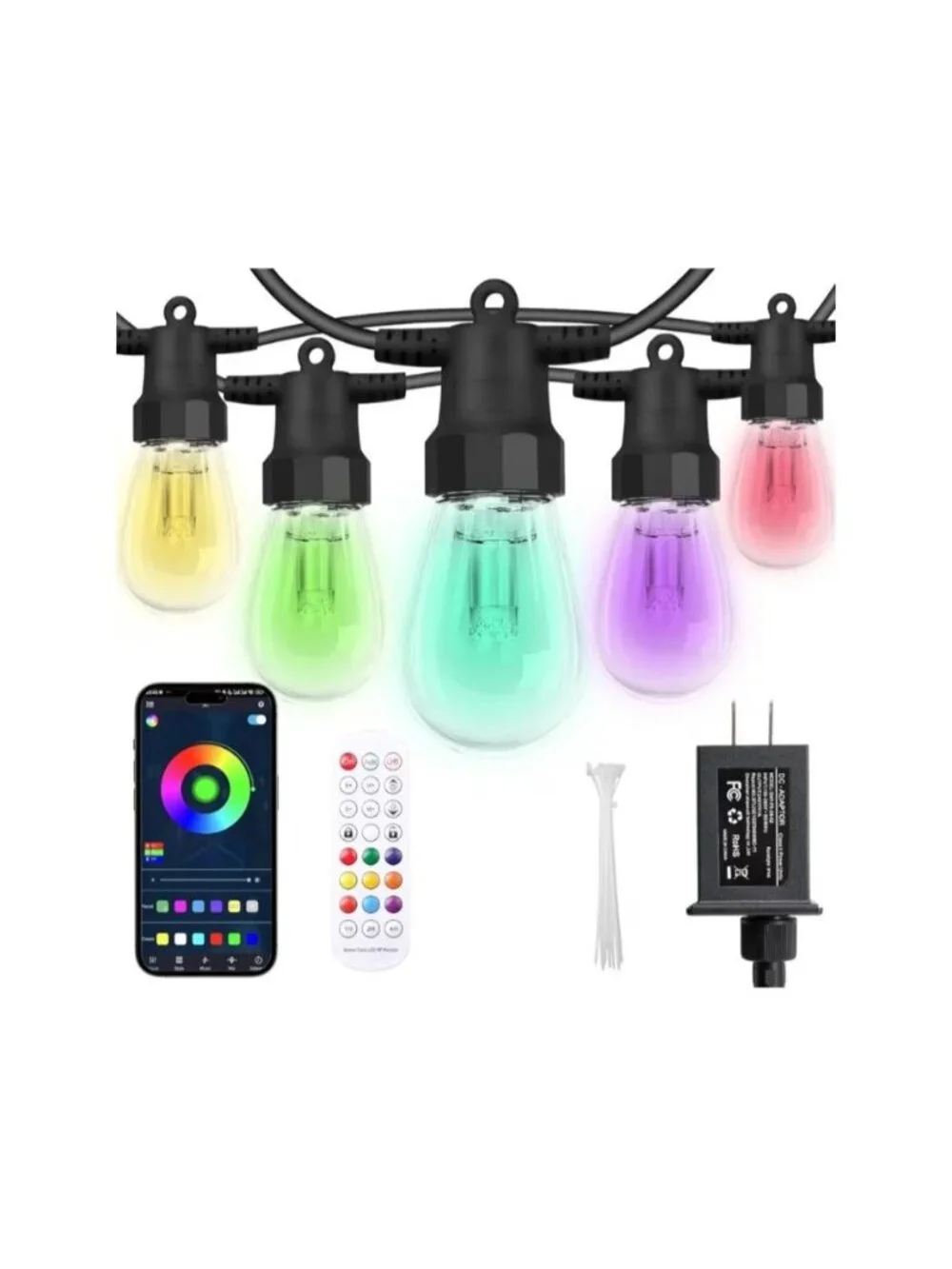 Outdoor String Lights 50FT- 20 RGBW LED Bulbs Dimmable & Waterproof App & Remote